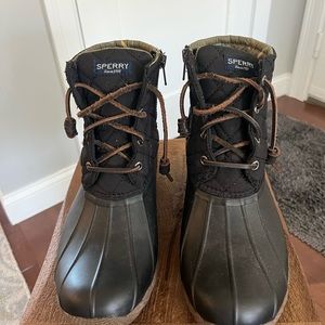 Sperry rain boots - worn one time. Perfect condition w/black & brown leather tie